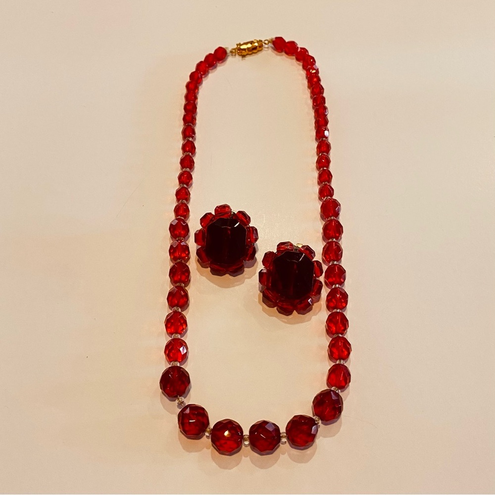 Vintage West Germany Cherry Red Clip On Earrings & Neclace